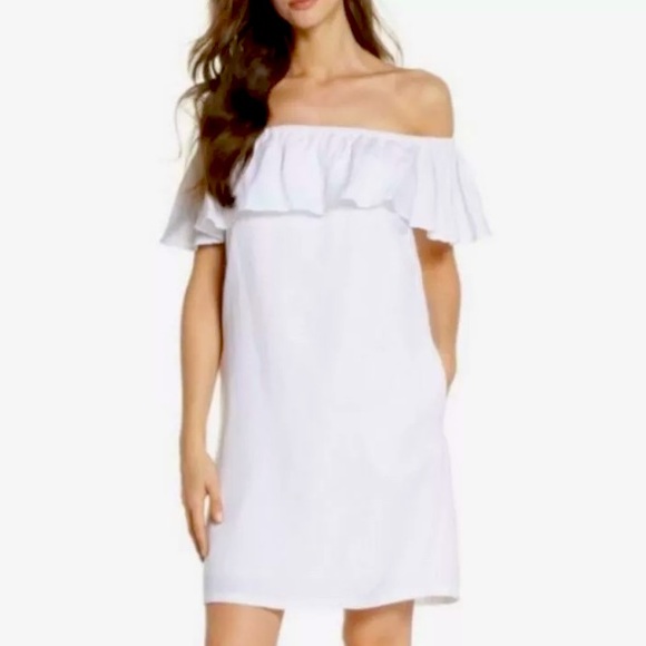 JCREW Cabana Dress Off Shoulder Ruffle Linen NWT - Picture 1 of 11